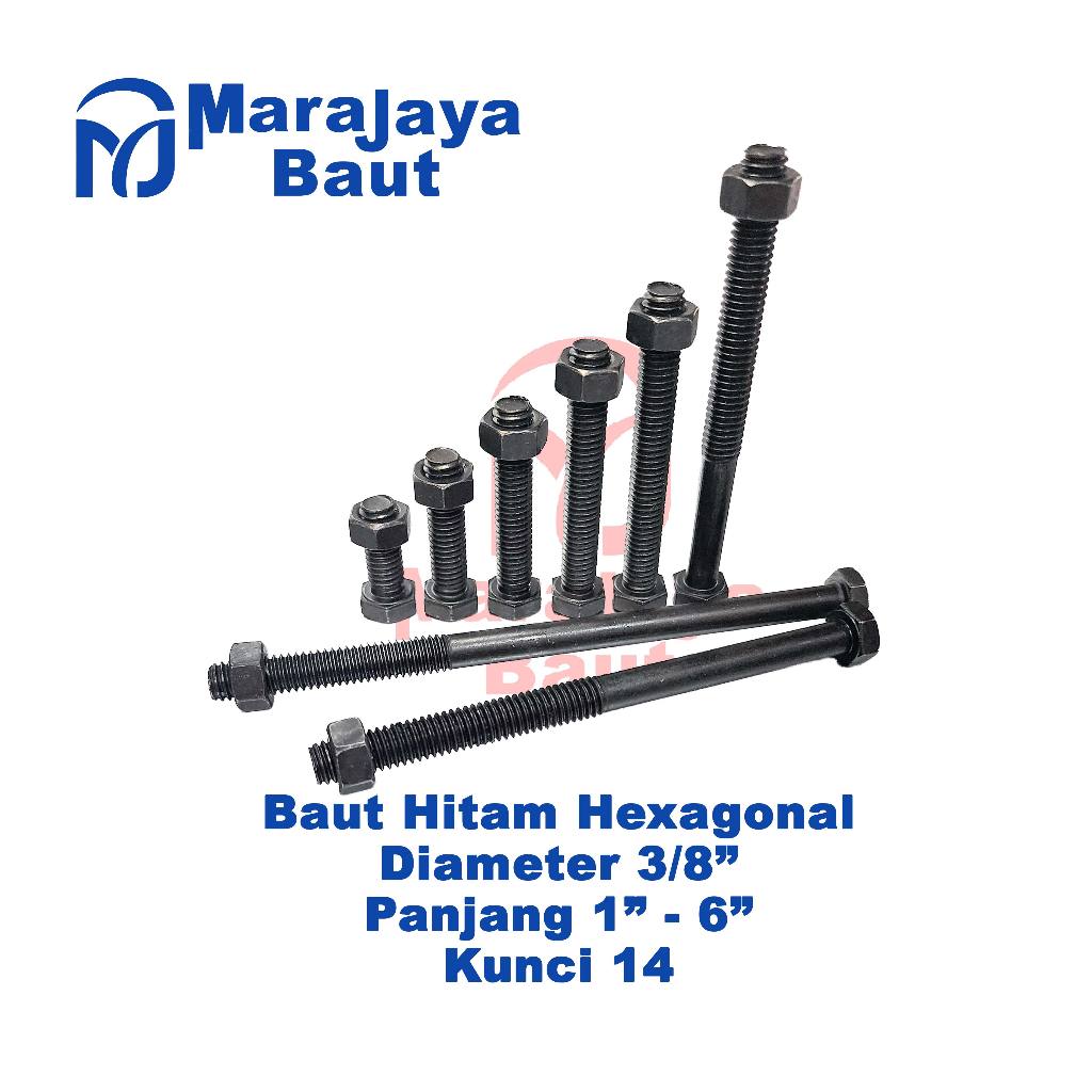 Baut Mur Hitam Hexagon 3/8" Panjang 1" - 6" Kunci 14