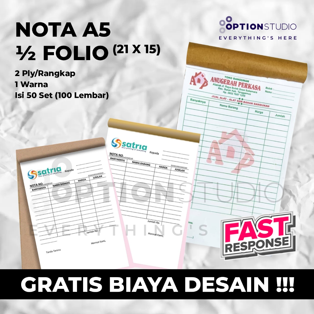 Cetak Nota Kwitansi Surat Jalan Toko Bangunan Laundry Bengkel Uk. 1/2 Folio A5 (21x15) Desain Custom