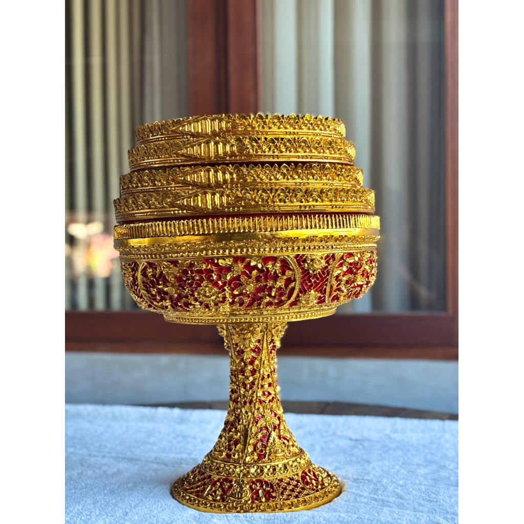 Dulang Genitri 32cm Gold Kombinasi Nasi Merah Susun 4 Bahan Fiber Tebal Dulang Banten Upacara Bali