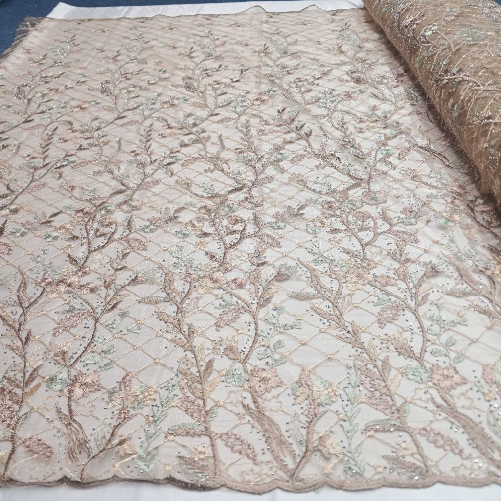 bahan kain Tille stone bordir dua warna / Kain tile kotak-kotak bermotif bunga terbaru