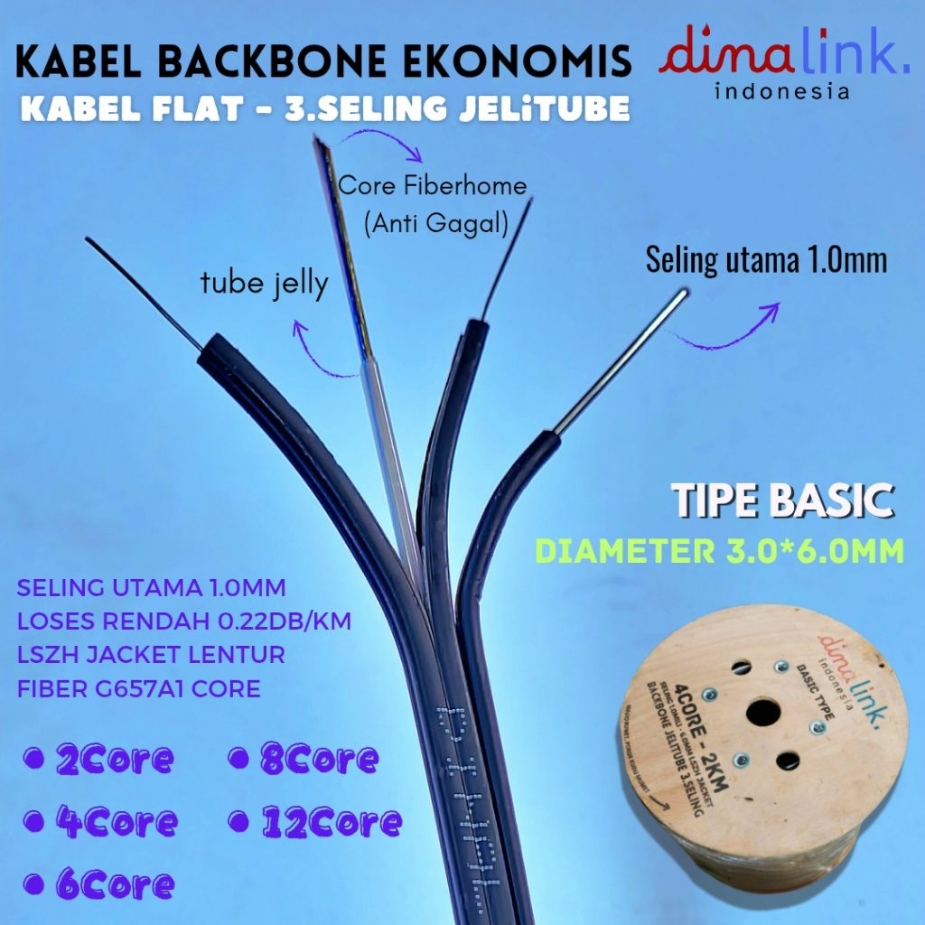 KABEL FIBEROPTIC FO DROPCORE JELLY TUBE 3SELING 12CORE 6CORE 4CORE 2CORE 1KM 2KM
