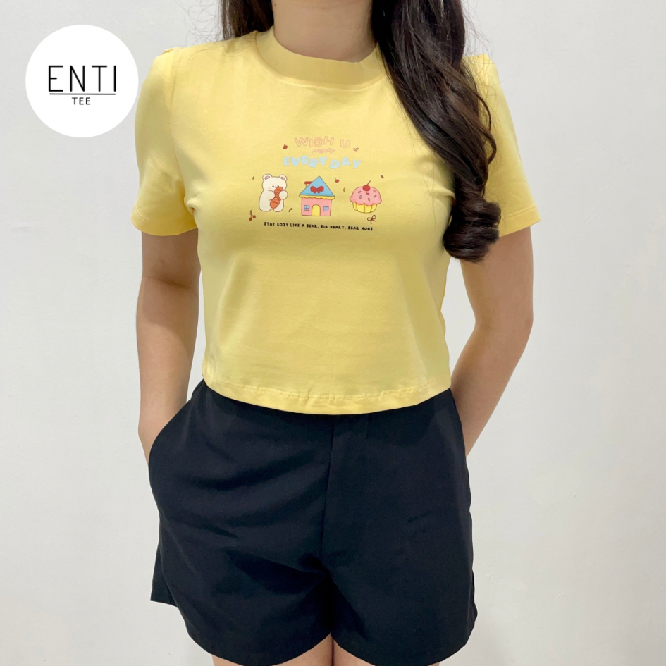 ENTITEE Baby Tee Happy Everyday | Korean Top | Kaos Crop Wanita | Crop Top | Cute Baby Tee | Baju An