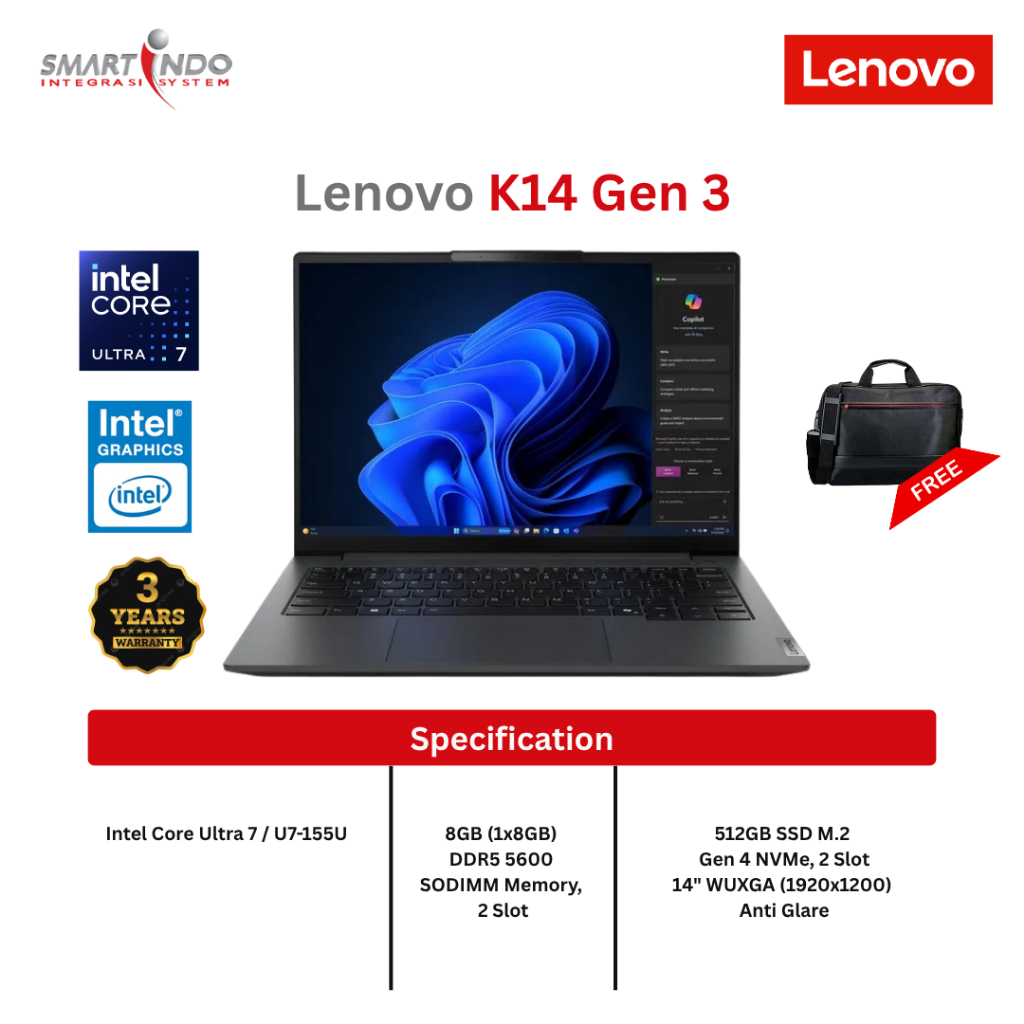 Lenovo K14 Gen 3 TKDN 21KL001DID, Core Ultra 7 U7-155U, 8GB, 512GB SSD, 14" WUXGA, Windows 11 Pro