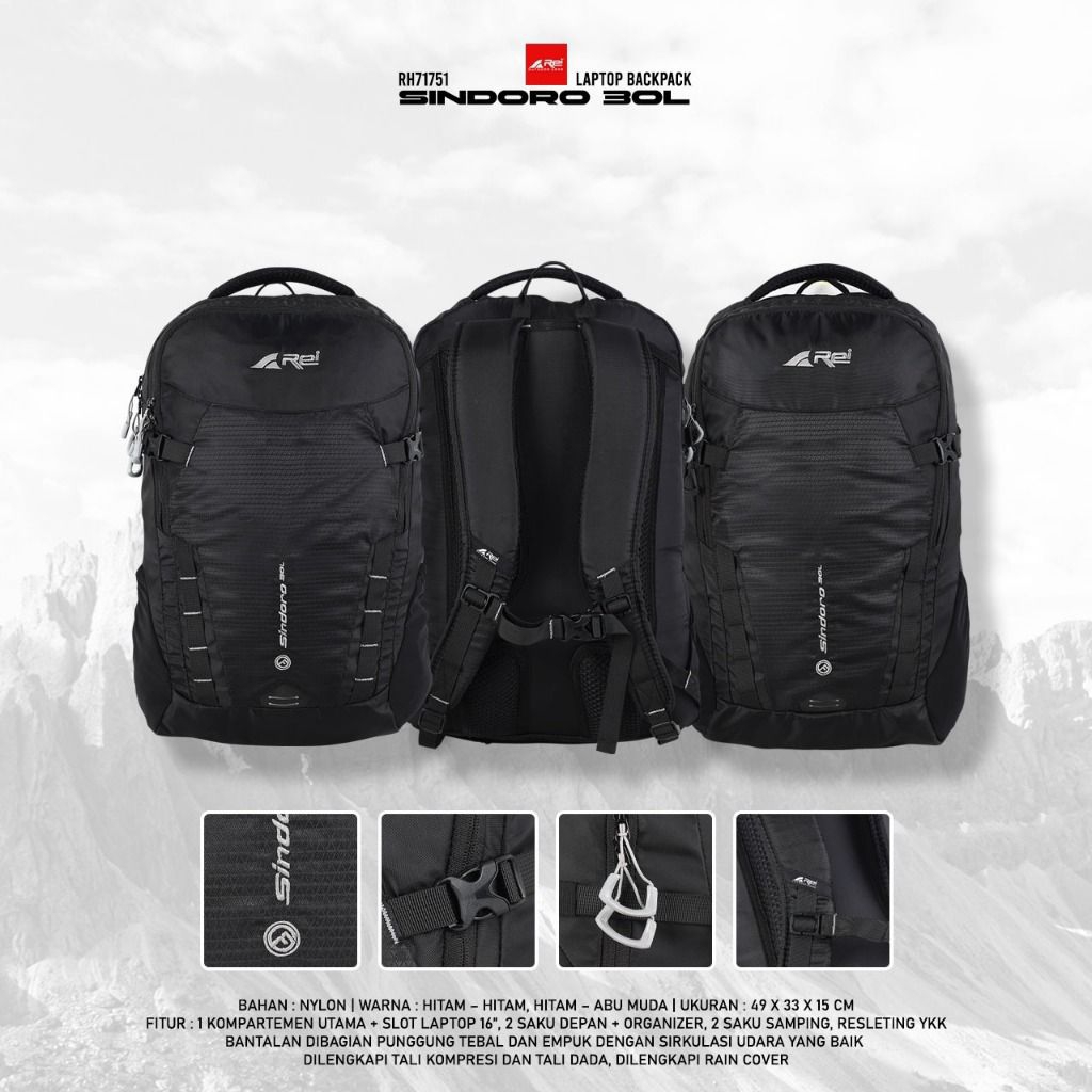 Tas Ransel Pria Wanita SINDORO BLK 30L AREI OUTDOOR GEAR - TAS RANSEL LAPTOP REI SINDORO 30L - TAS R