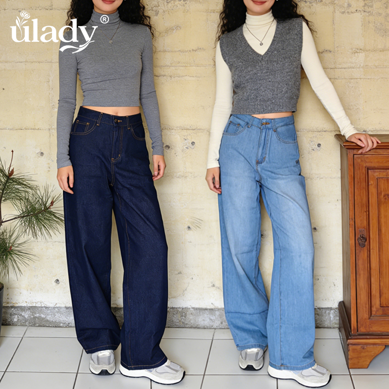 Ulady Longgar Kulot Jeans Wanita Celana Jeans Panjang Wanita Celana Jeans Lurus Cewek OOTD 018