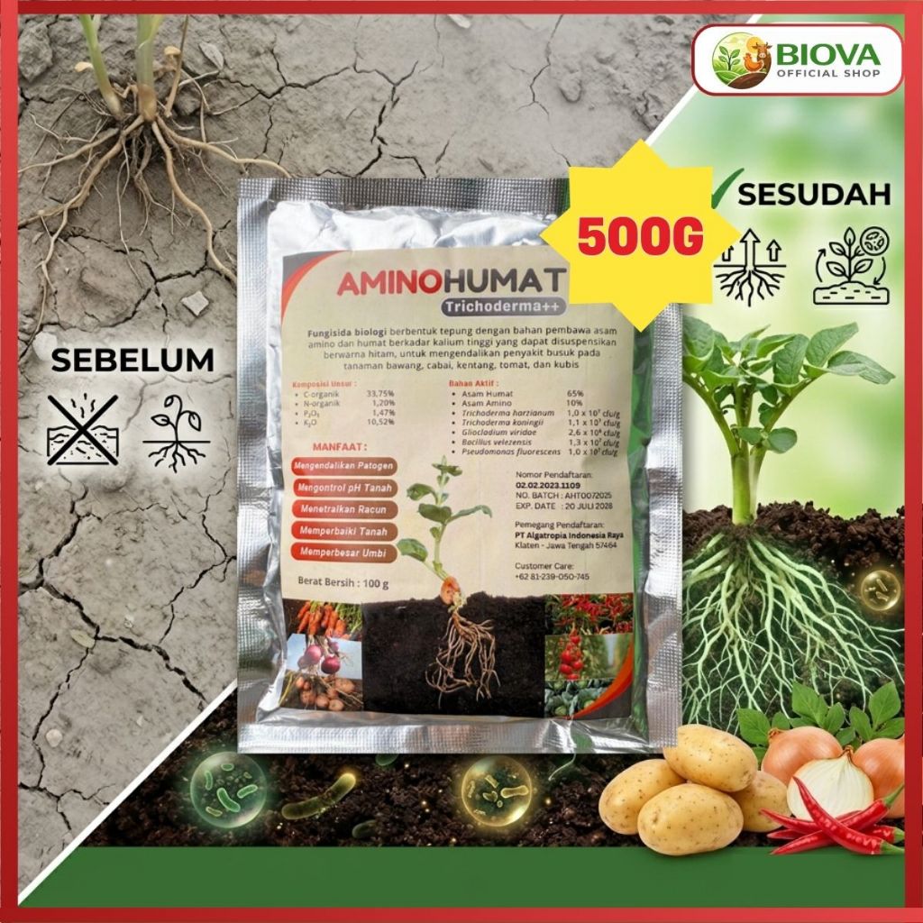 (500G) Asam Humat Plus Tricoderma Fungisida | Pembasmi Jamur Tanaman, Busuk Akar, Bercak Daun & GANO