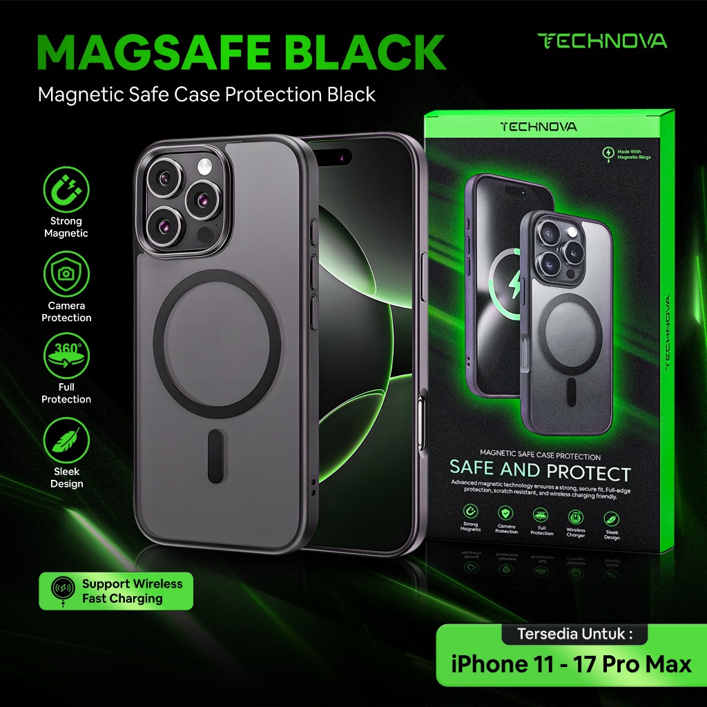 TECHNOVA MagSafe Black Matte Case untuk iPhone 11 12 13 14 15 16 17 Pro Max Hardcase Premium Doff