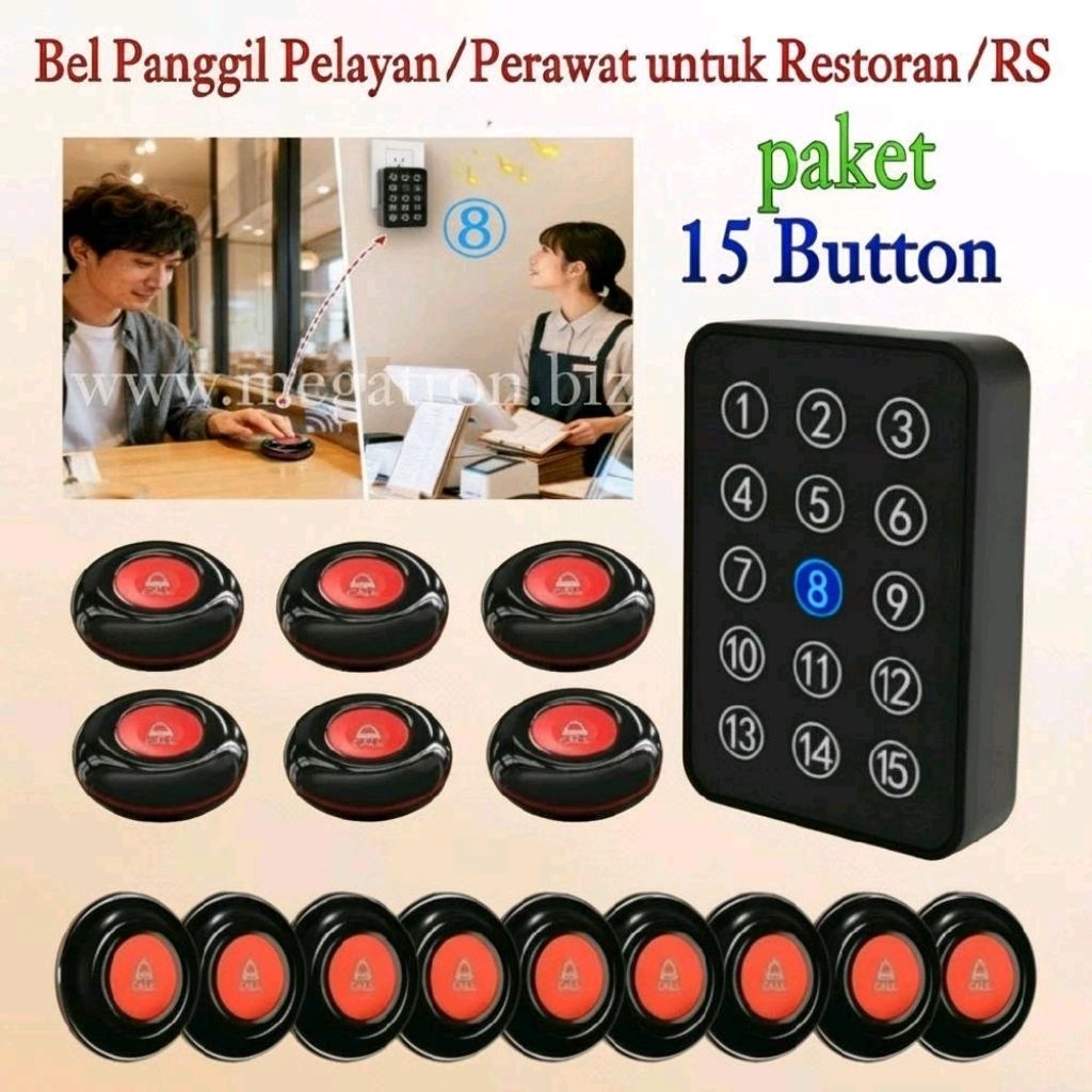 Bel Panggil Pelayan / Perawat untuk Restoran / Rumah Sakit (paket 1 Display + 15 Call Button) - Wireless Calling System
