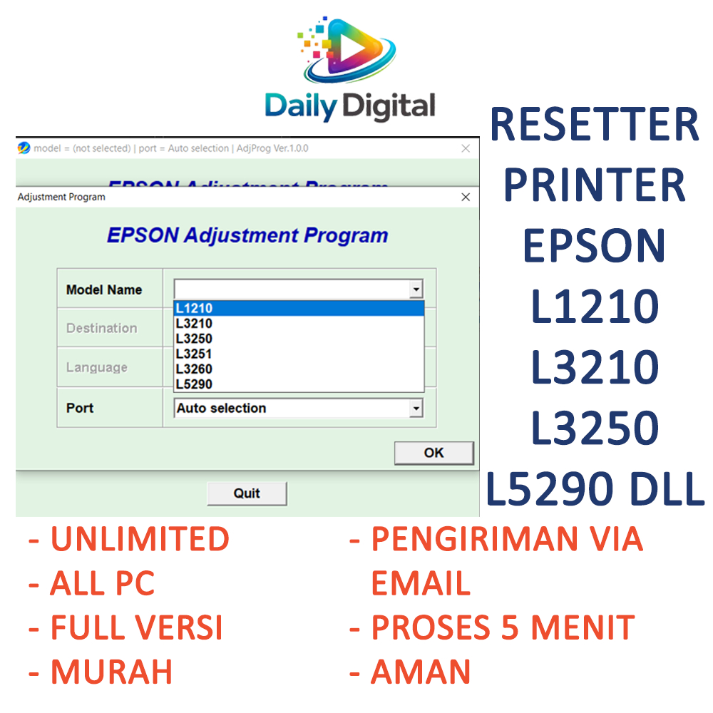 SOFTWARE RESETTER / RESET / RESETER PRINTER EPSON L1210 - L3210 - L3250 - L3251 - L3260 - L5290 UNLI