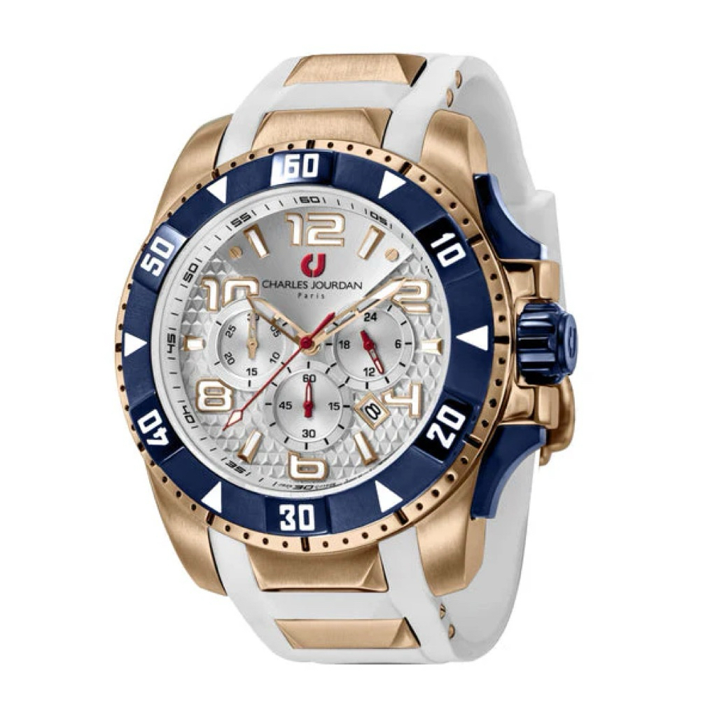Jam Tangan Pria Charles Jourdan Men Chronograph CJ1026-1515C Rose Gold Stainless Steel White Silicon