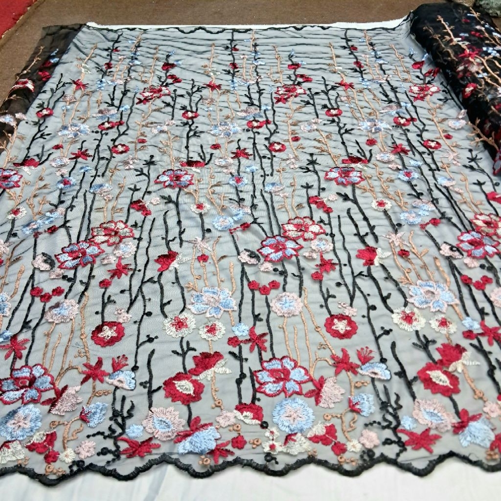 Kain tile bordir garden motif bunga twotone 3D timbul untul bakal kebaya dan dres