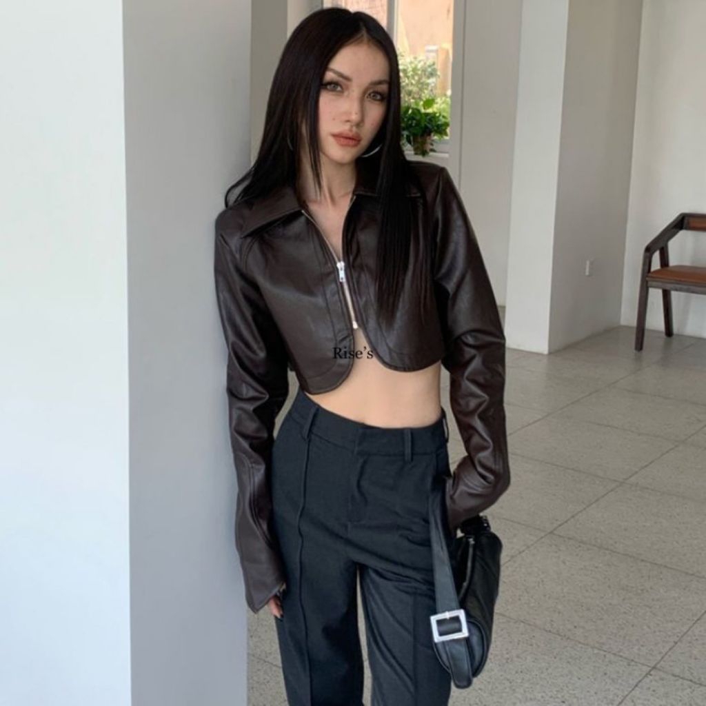 Jaket Kulit Crop Wanita - Model Curved Crimson, Warna Darkbrown, Ukuran S