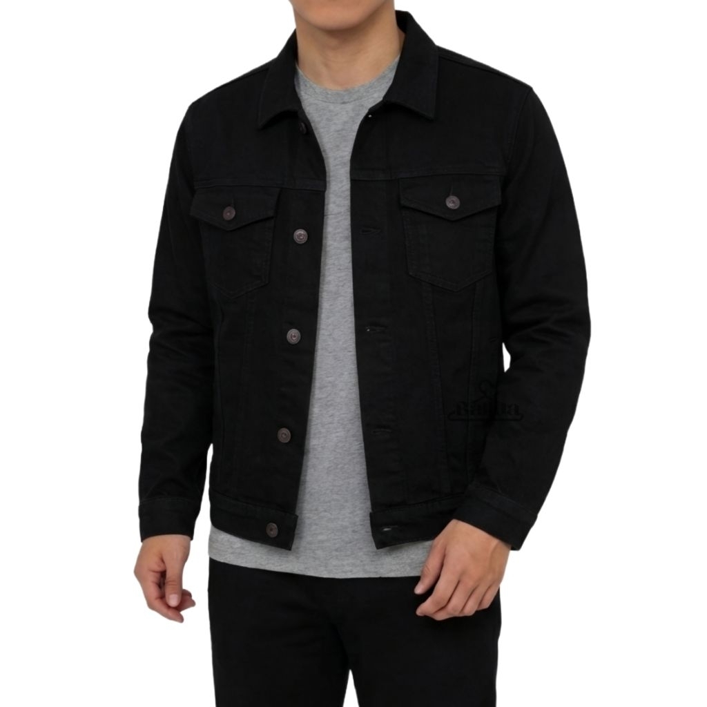 Jacket Jeans Pria Denim Sport Casual Slimfit Hitam M L XL
