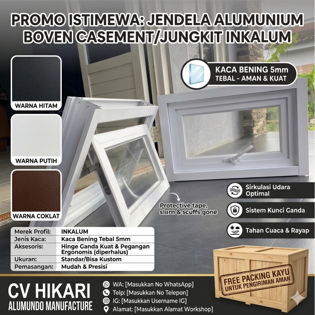 Jendela Aluminium Boven untuk dapur ukuran T 50cm x 190cm