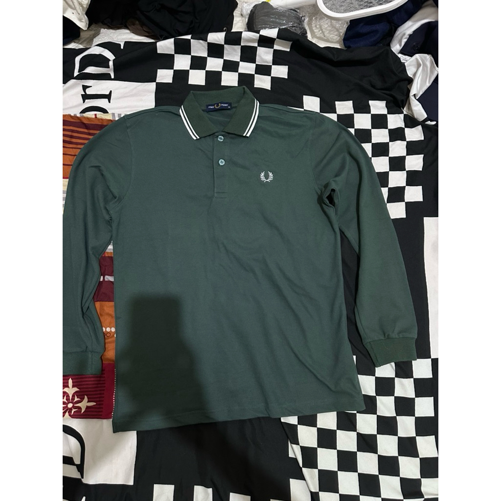 Long Sleeve Fred Perry Twin Tipped Polo Shirt GREEN White BEKAS