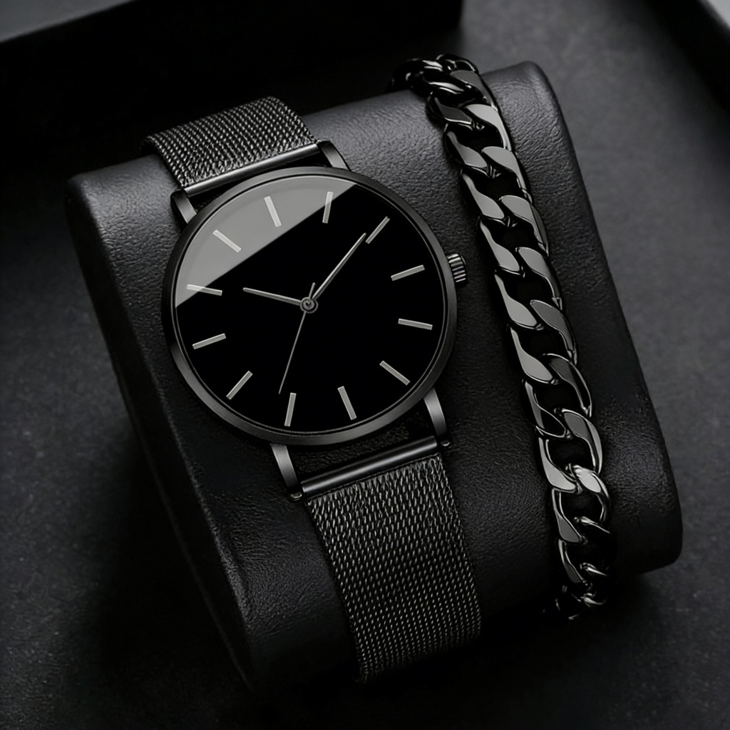 2PCS Jam Tangan Gaya Bisnis Pria Jam Tangan Mewah Klasik Ultra Tipis Jam Tangan Paduan Bisnis Fashio