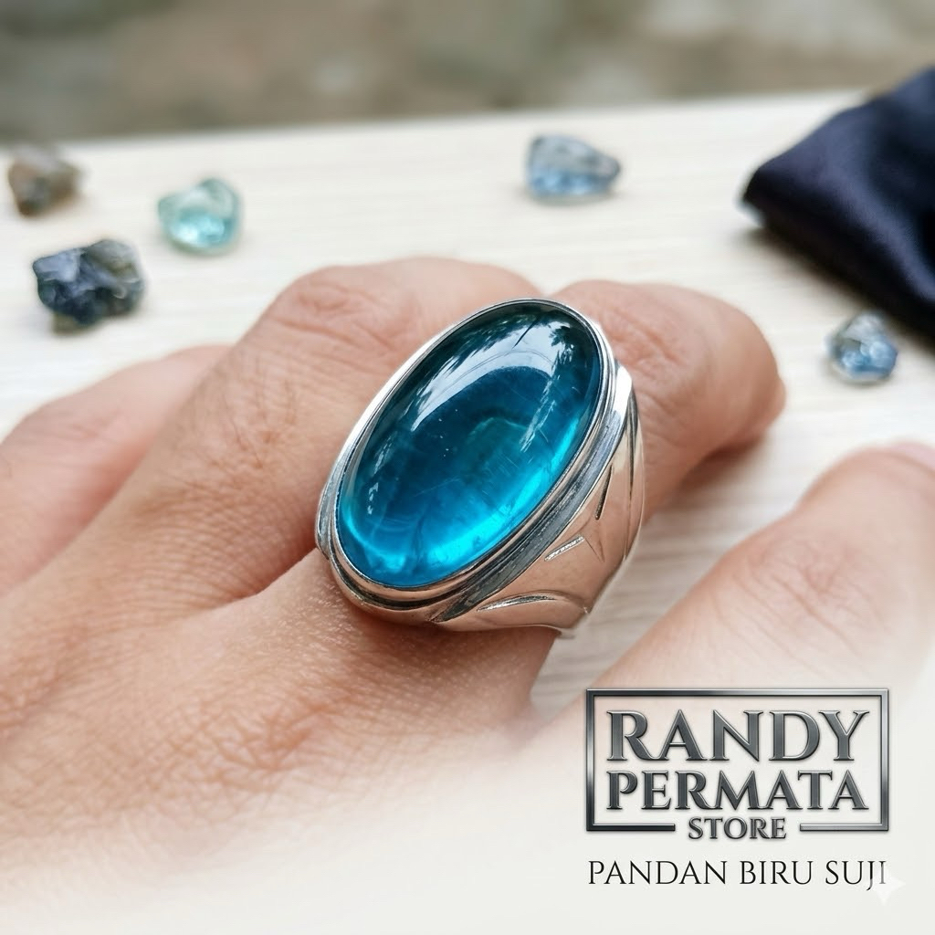 Batu Cincin Akik Pandan Biru Suji Polos Kristal Ring Stainless Anti Karat