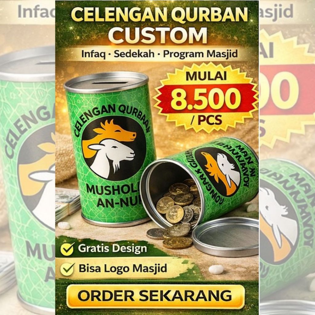 Celengan Qurban Custom Kaleng – Celengan Infaq Masjid / Kotak Amal Donasi Idul Adha Murah