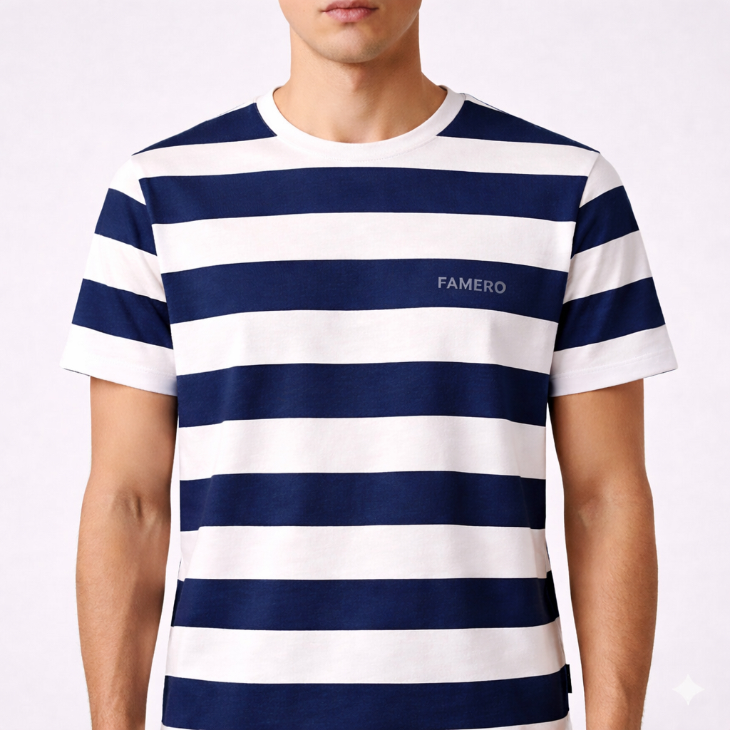 FAMERO - Kaos Polos Distro Pria Garis Garis - Warna Biru Tua Putih