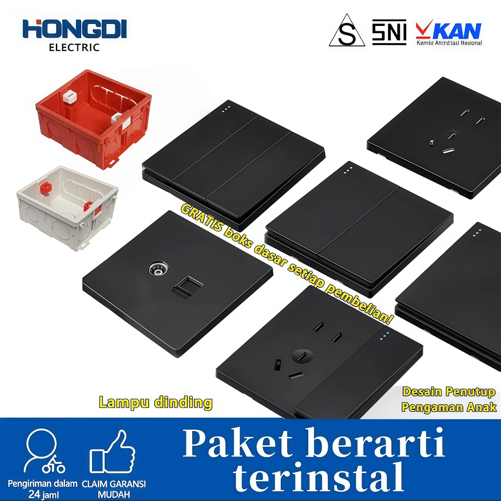 HONGDI Nicolo Black Hitam Tanpa Kotak /Stop Kontak/ Sakelar Saklar Rumah Hongdi Nicolo Gabungan