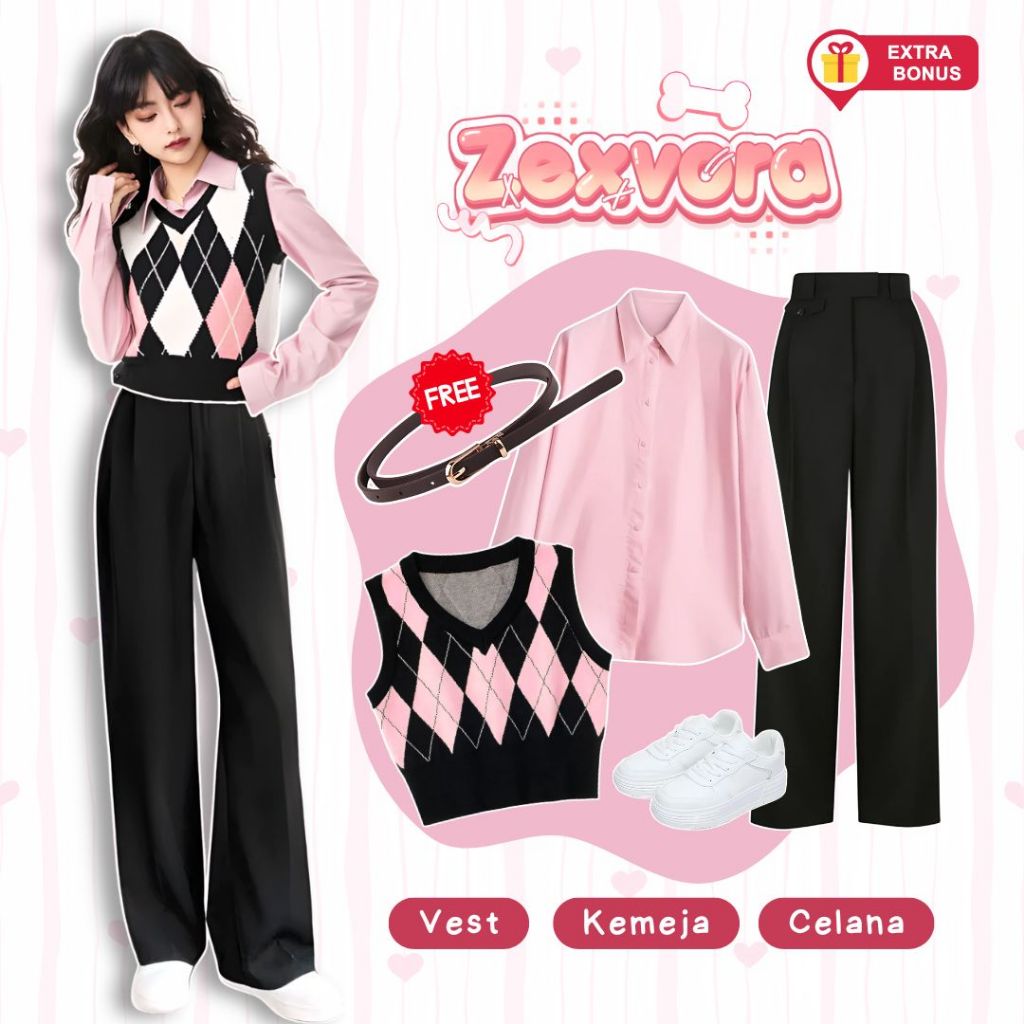 One Set 3in1 vest rompi diamond crop kemeja basic celana oro kulot knit highwaist free belt | outfit