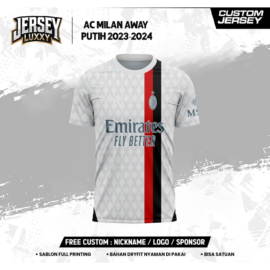 Jersey Bola AC MILAN AWAY PUTIH 2023-2024 PENDEK Freee custom nama dan no punggung Full printing