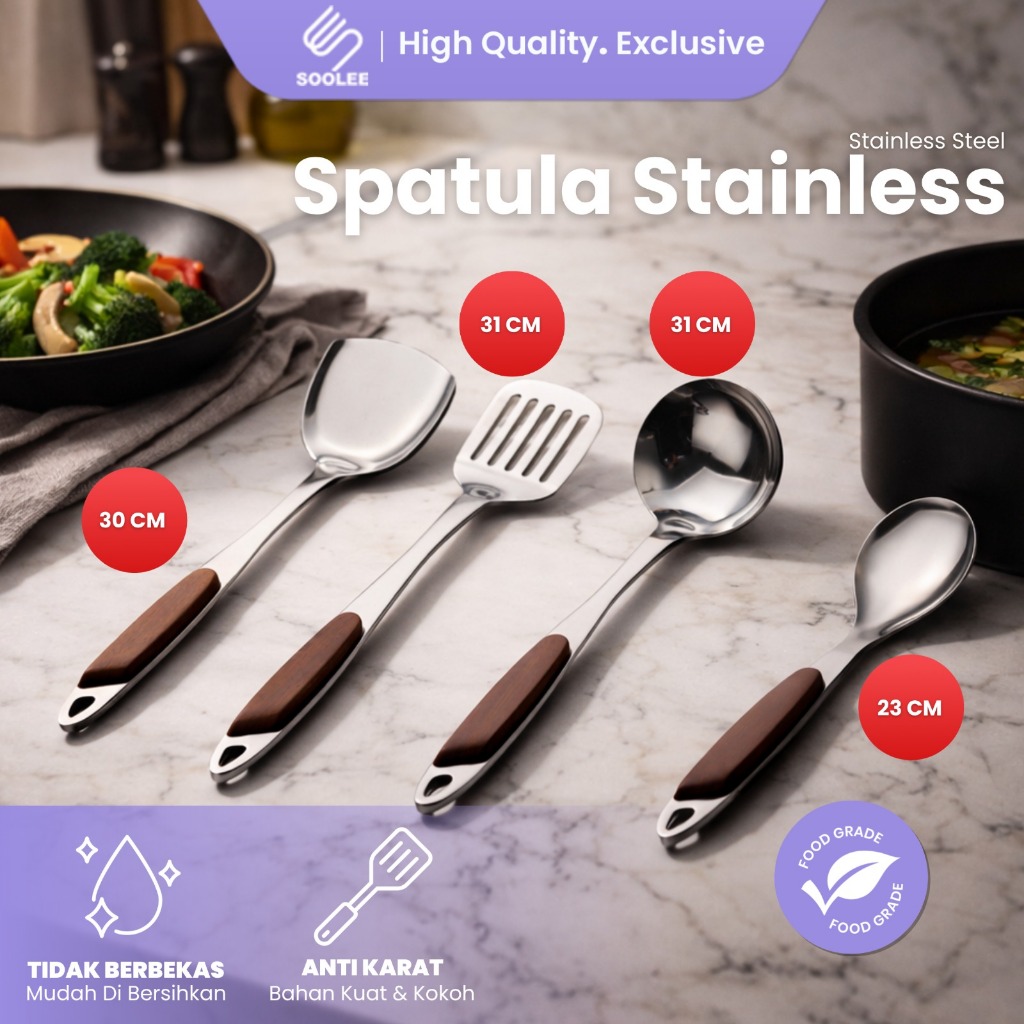 SOOLEE Sodet Stainless Steel Spatula Sutil Susuk Penggorengan Centong Sayur Irus Sendok Goreng Tebal