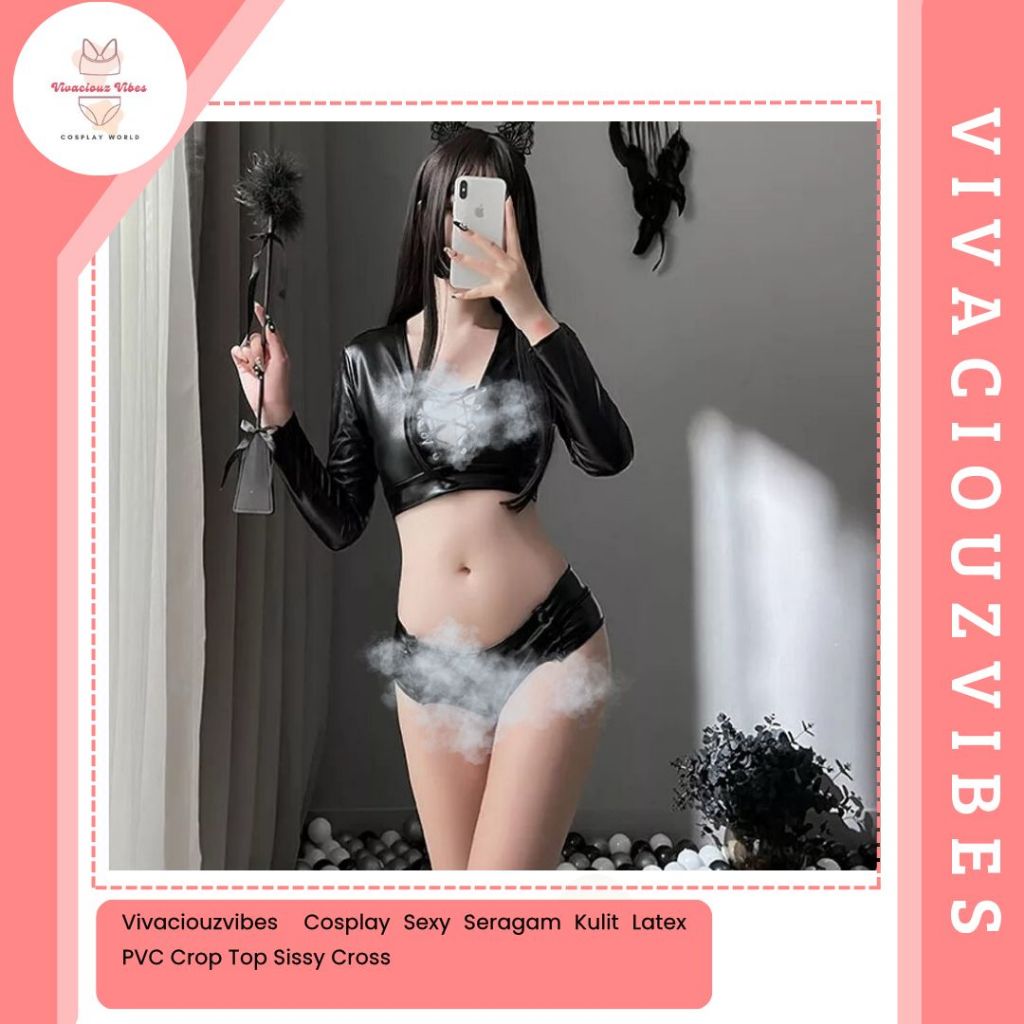 Vivaciouzvibes Cosplay Sexy Seragam Kulit Latex PVC Crop Top Sissy Cross