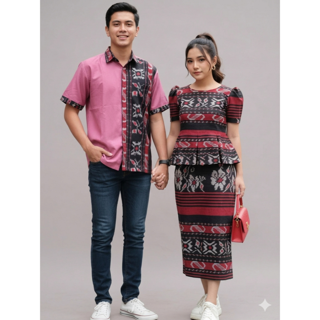 elta tenun Setelan Couple Tenun Motif NTT | Baju Pasangan Adat Modern Kemeja dan Dress