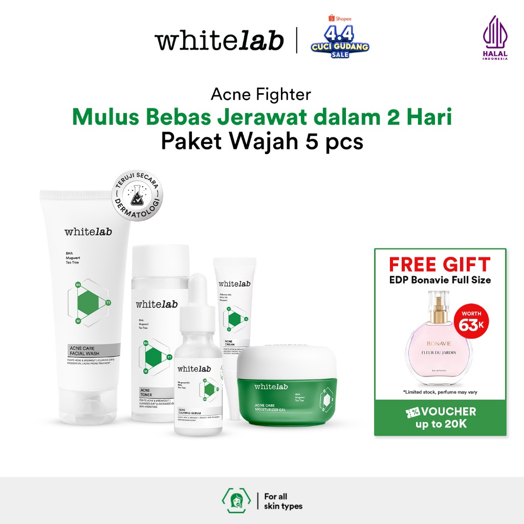 Whitelab 5 pcs Paket Acne Lengkap - Facial Wash, Toner, Serum, Moisturizer, Acne Cream Paket Skincar