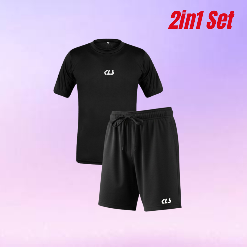 Set Pakaian Olahraga Pria KLS Kaos Manset Celana Pendek Setelan One Set Sport Wear Set Gym Pakaian J