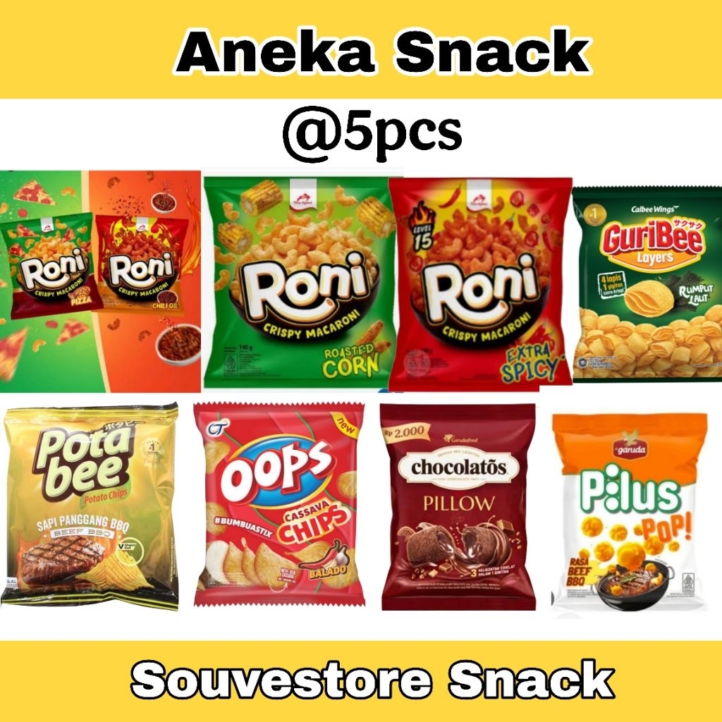 Aneka Snack Chiki @5pcs Tos tos, Tater, guribee, potabee, Chiki Twist, Chikiballs , Jetz fiesta, Hap