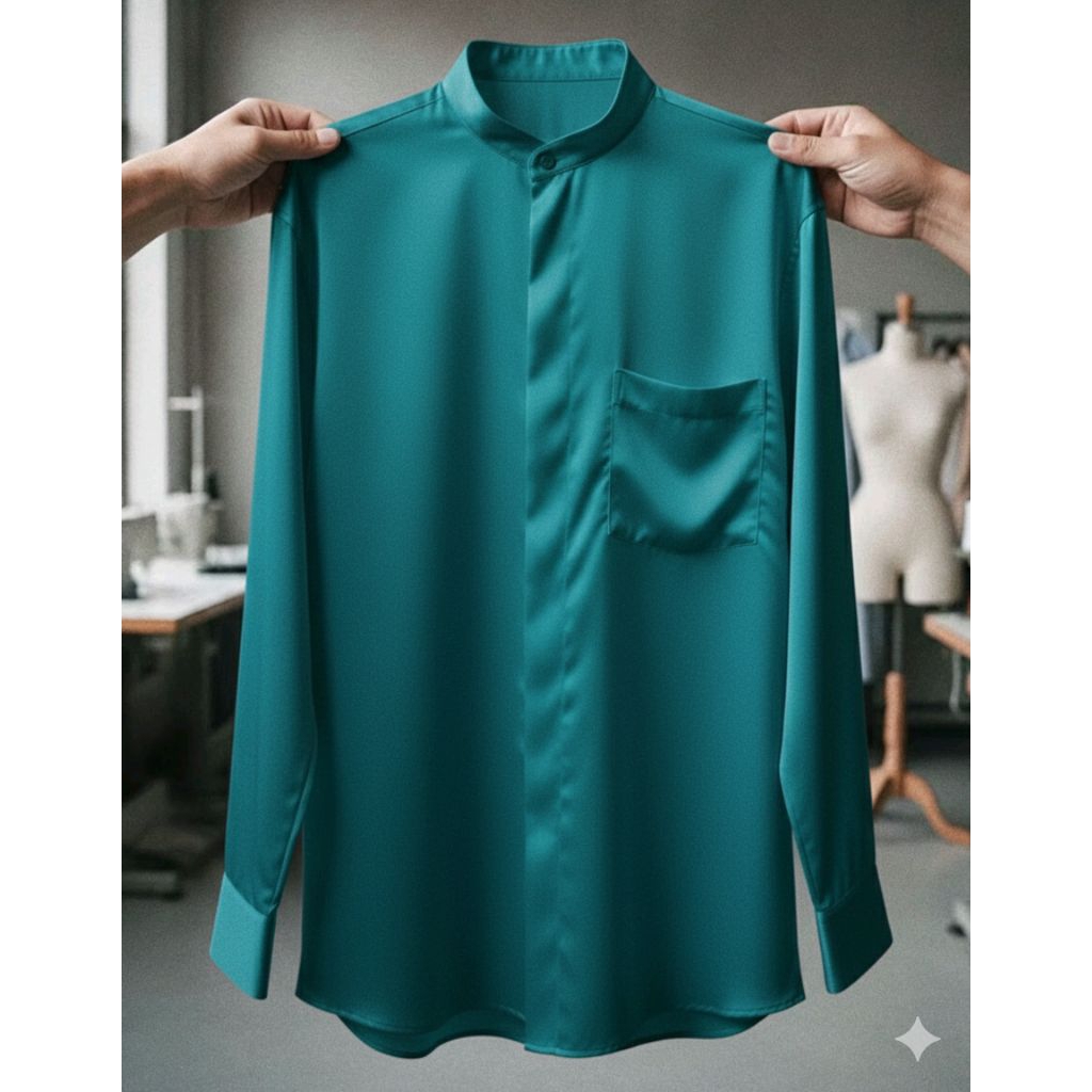 baju kemeja kerah koko lengan panjang pria bahan satin silk