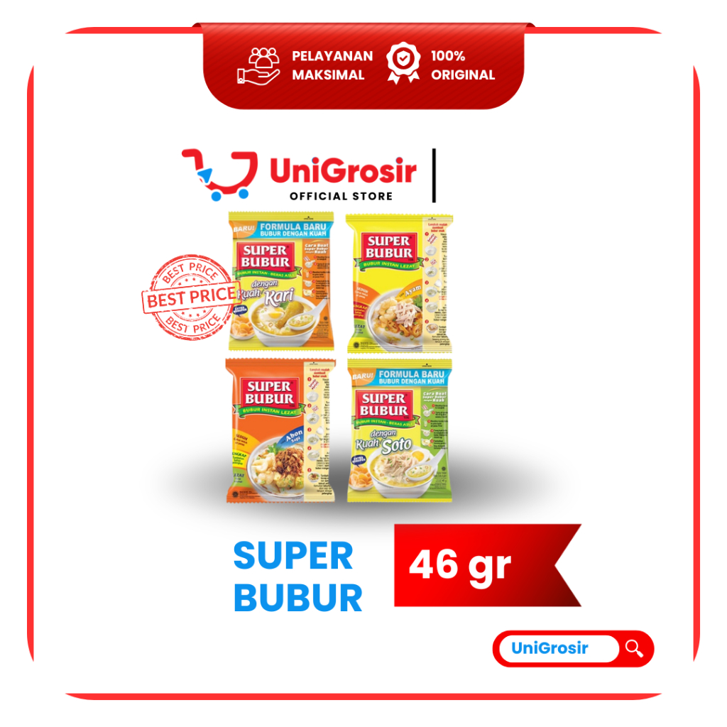 [UniGrosir] SUPER BUBUR INSTAN AYAM 45 GR ABON SAPI 49 GR KUAH SOTO DAN KARI 46 GR BUBUR