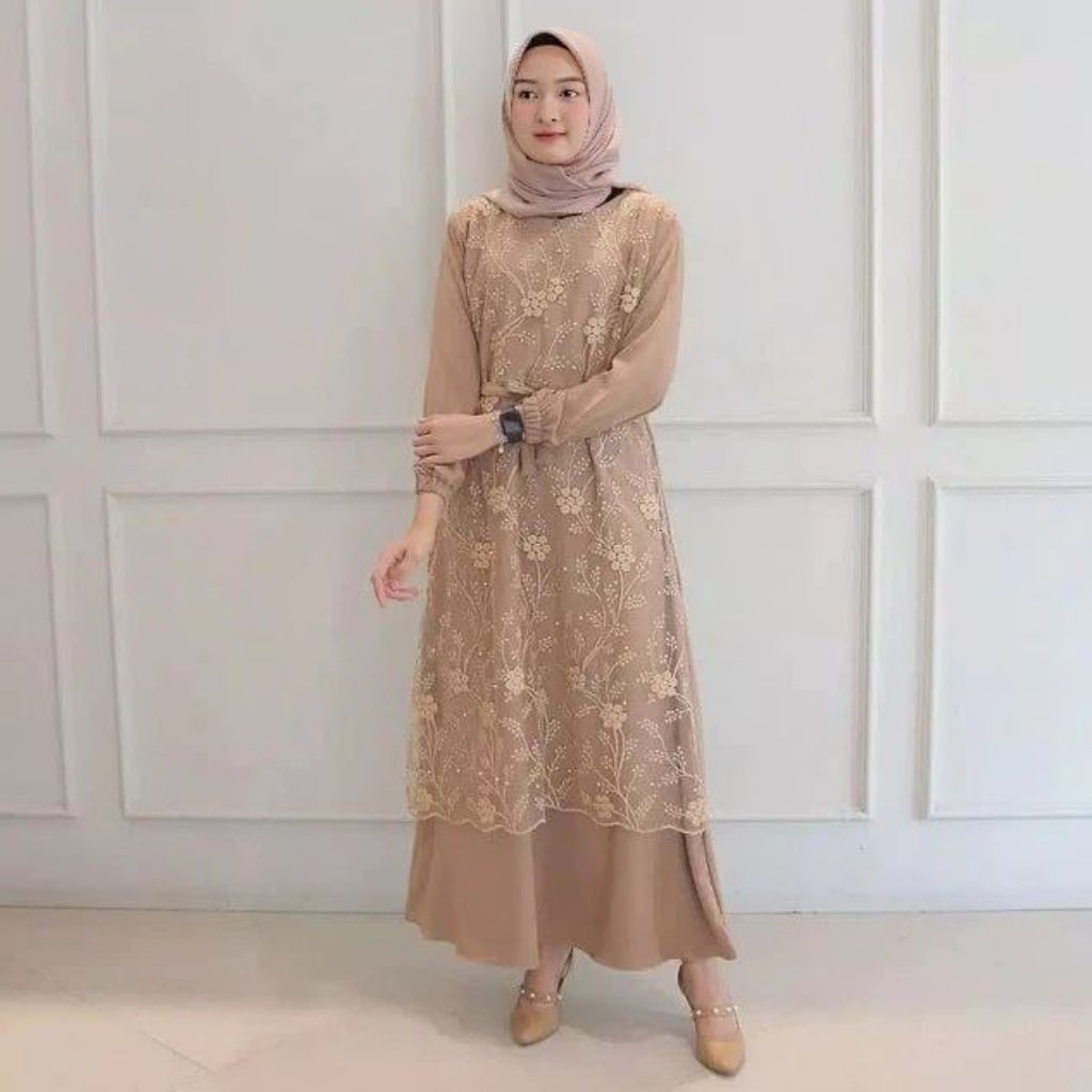 GAMIS BRUKAT DRES SATIN MIX BROKAT TILE MUTIARA