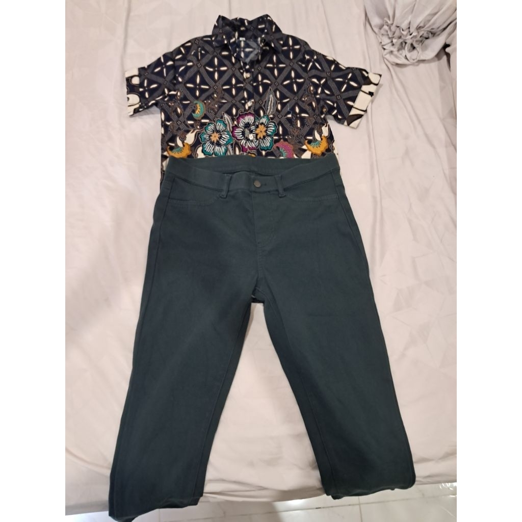 1 set baju batik keris dan celana uniqlo hijau tua preloved