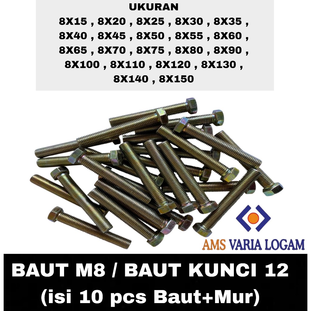 10 PCS Baut Mur M8 Hexagon Kuning (KUNCI 12) / BAUT M8 / Baut mur MURAH / BAUT MUR M8 PANJANG 15 MM 