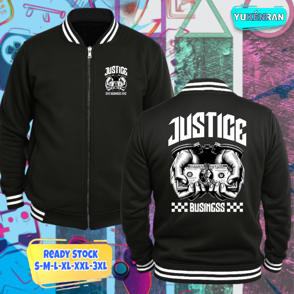 VARSITY JAKET STREETWEAR JUSTICE BUSINESS DESIGN STREET CULTURE BAHAN COTTON PREMIUM