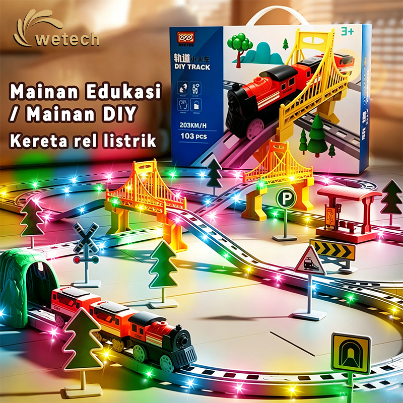 WETECH Kereta Api Mainan Rel Panjang Perakitan Listrik Miniatur Rel Kereta Api Set Mainan Anak