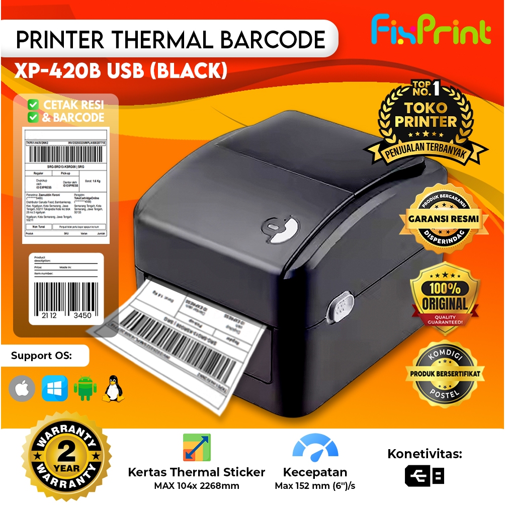Printer Resi Thermal Barcode Xprinter XP-420B XP-420B XP-423B USB + Bluetooth Cetak Label Marketplac