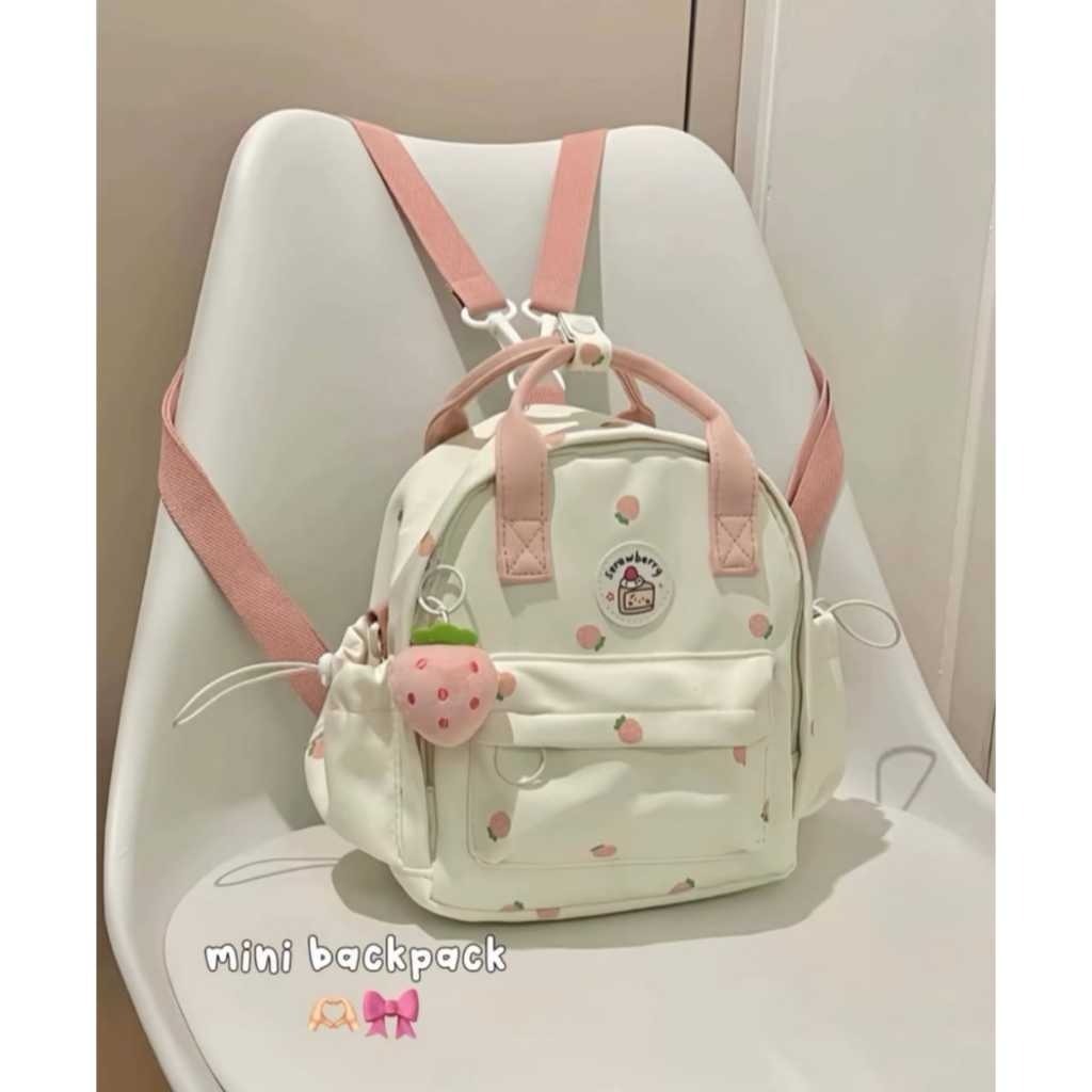 Saveteambeer Tas Ransel Mini Anak Perempuan Motif Strawberry Korea Style Krem