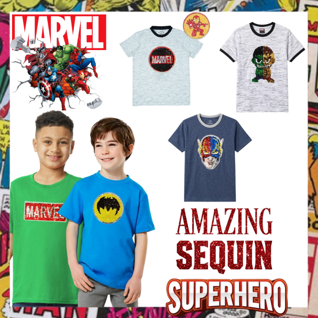 Baju atasan anak laki laki motif Superhero Marvel Flip Sequin size 5 sd 10 Tahun