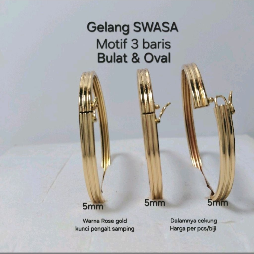 Gelang SWASA motif 3 Baris Lebar plat 5 mili  Bulat Oval warna rose gold  kunci pengait di samping r