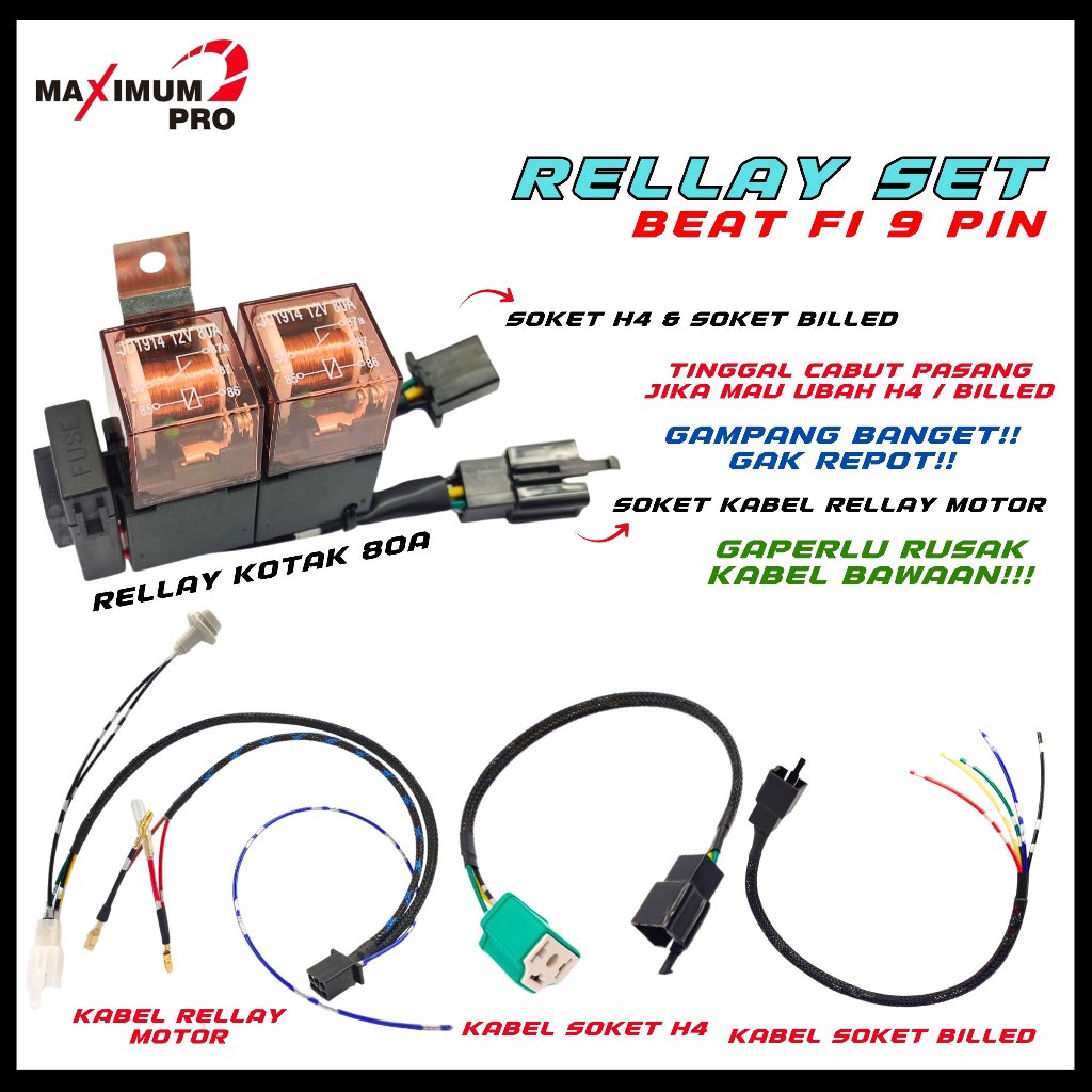 PREMIUM KABEL RELAY LAMPU SET BEAT Fi 80A HID SOKET BILED LED H4 MOTOR SOCKET RELLAY LAMPU HONDA BEA