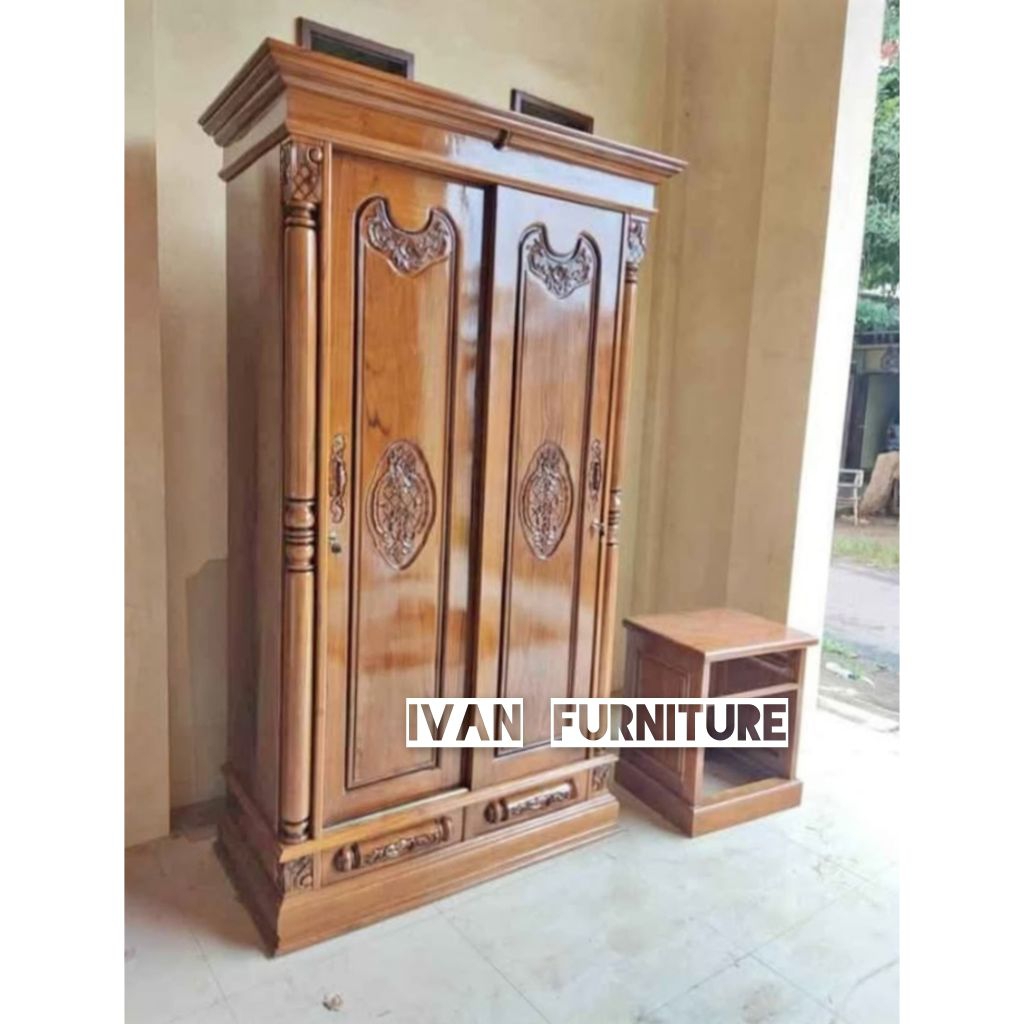 LEMARI PAKAIAN JATI UKIR PINTU 2 ALMARI PAKAIAN JATI 2 PINTU UKIR MODEL PELURU