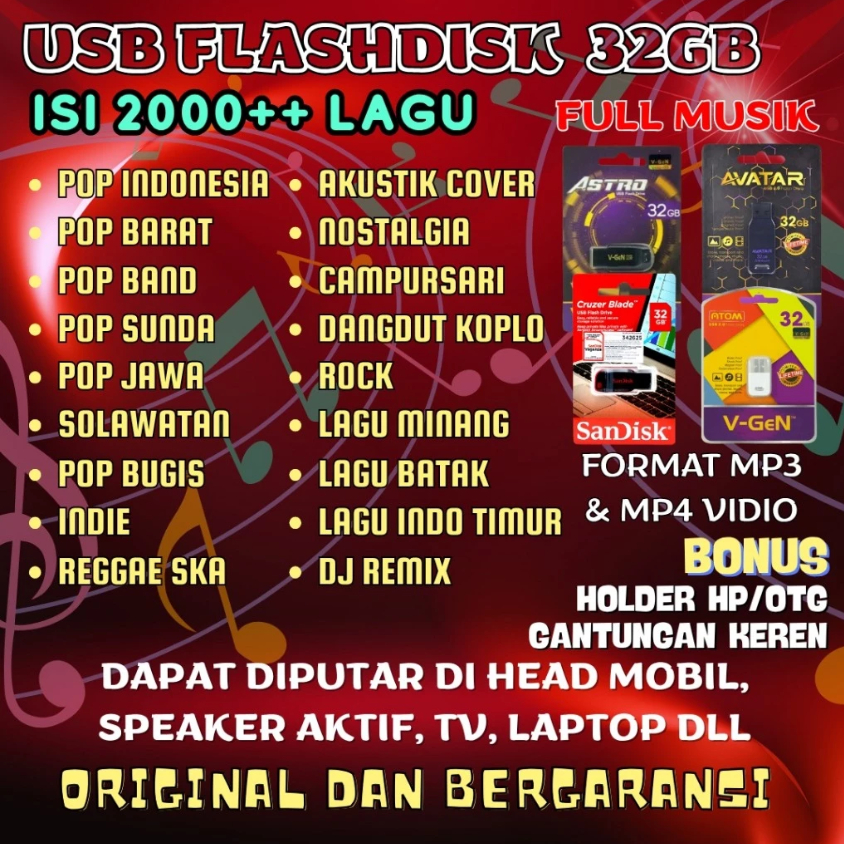 Flashdisk Lagu 32GB 2000+ MP3 MP4 Dangdut Pop Rock Religi Nostalgia Mobil Speaker