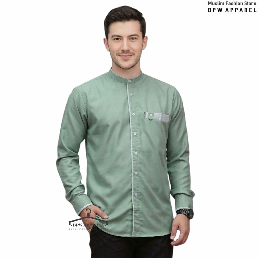 Baju Koko pria Dewasa Atasan Muslim Pria Dewasa Lengan Panjang Polos Putih Sage - Kemko List Series