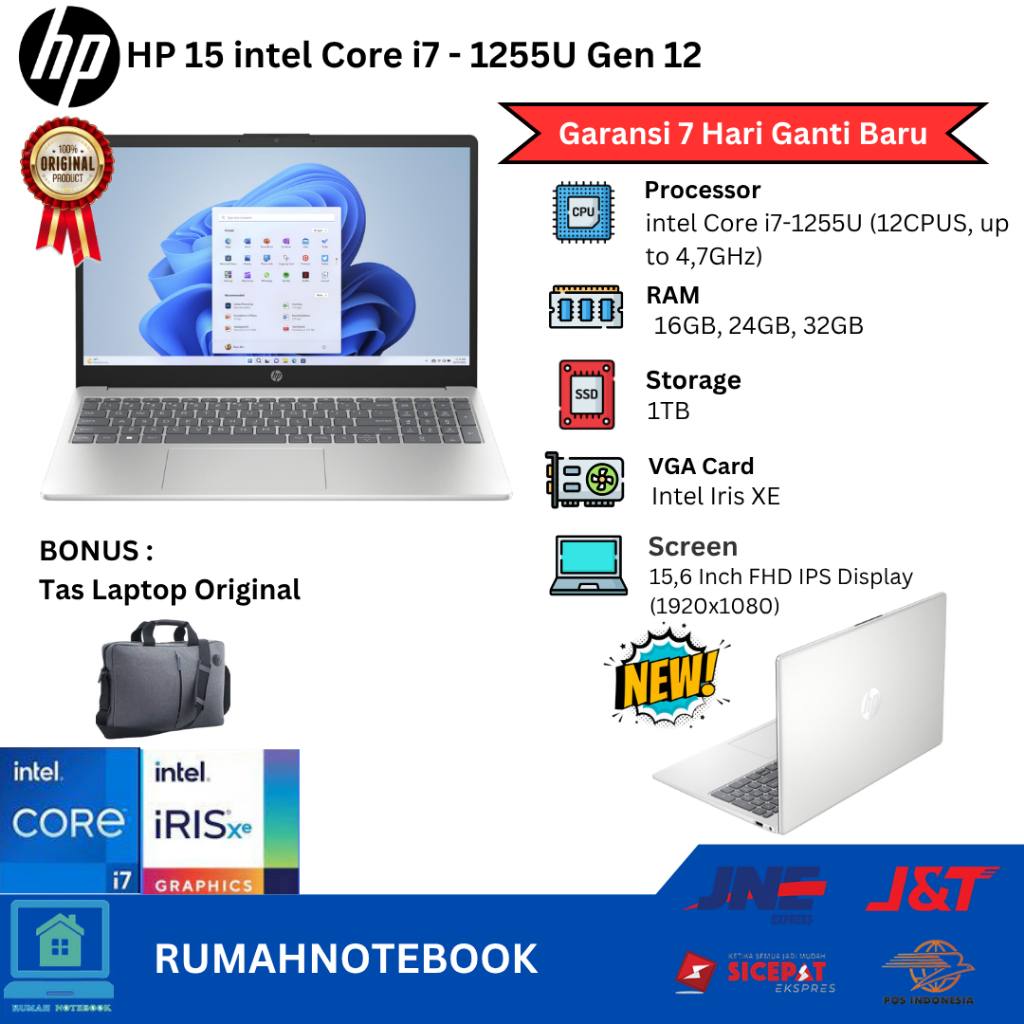 Laptop Baru HP 15 Intel Core i7 1255U 12Cpus 4,7GHz | Omnibook flip 5 Intel Core 7 150u 12cpu 5,4Ghz