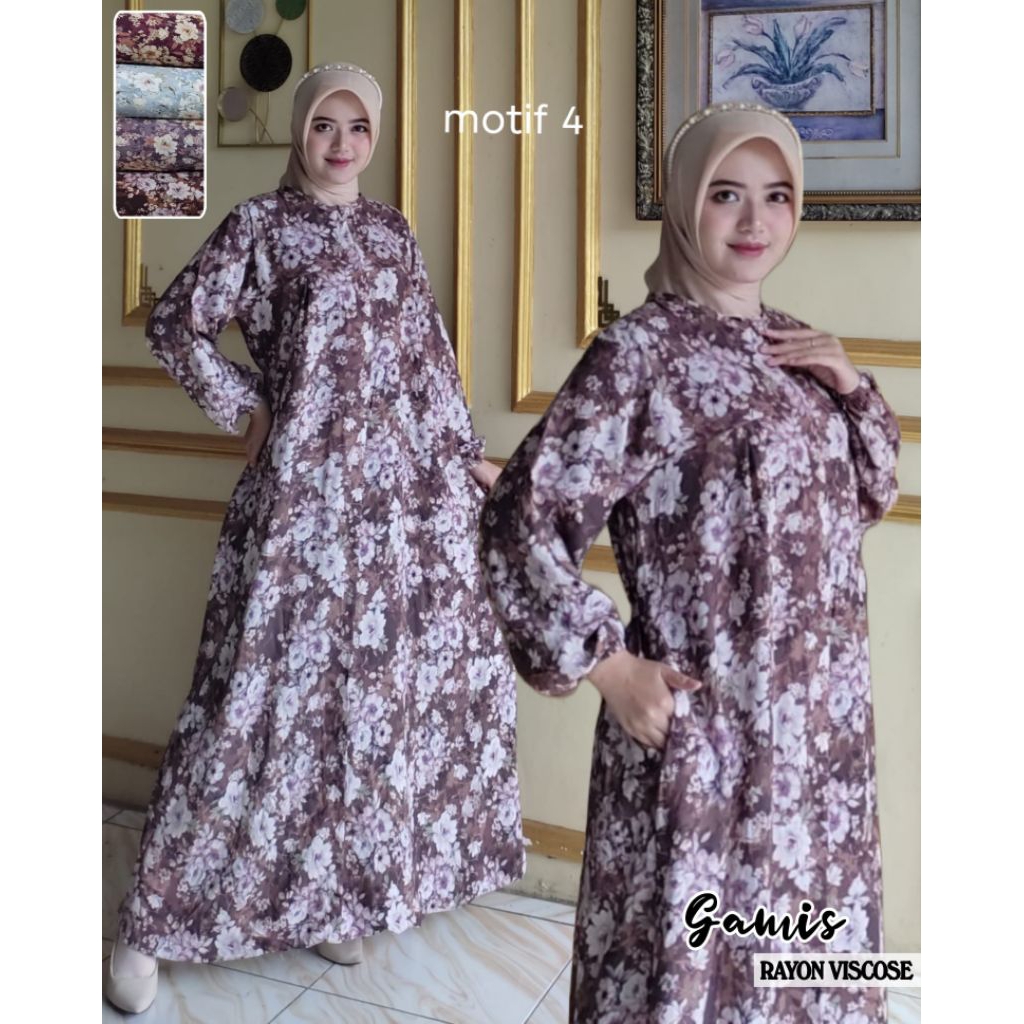 Dress Long dress gaun midi gamis motif rayon bunga bangkok rempel susun umpak tiga tingkat diamond