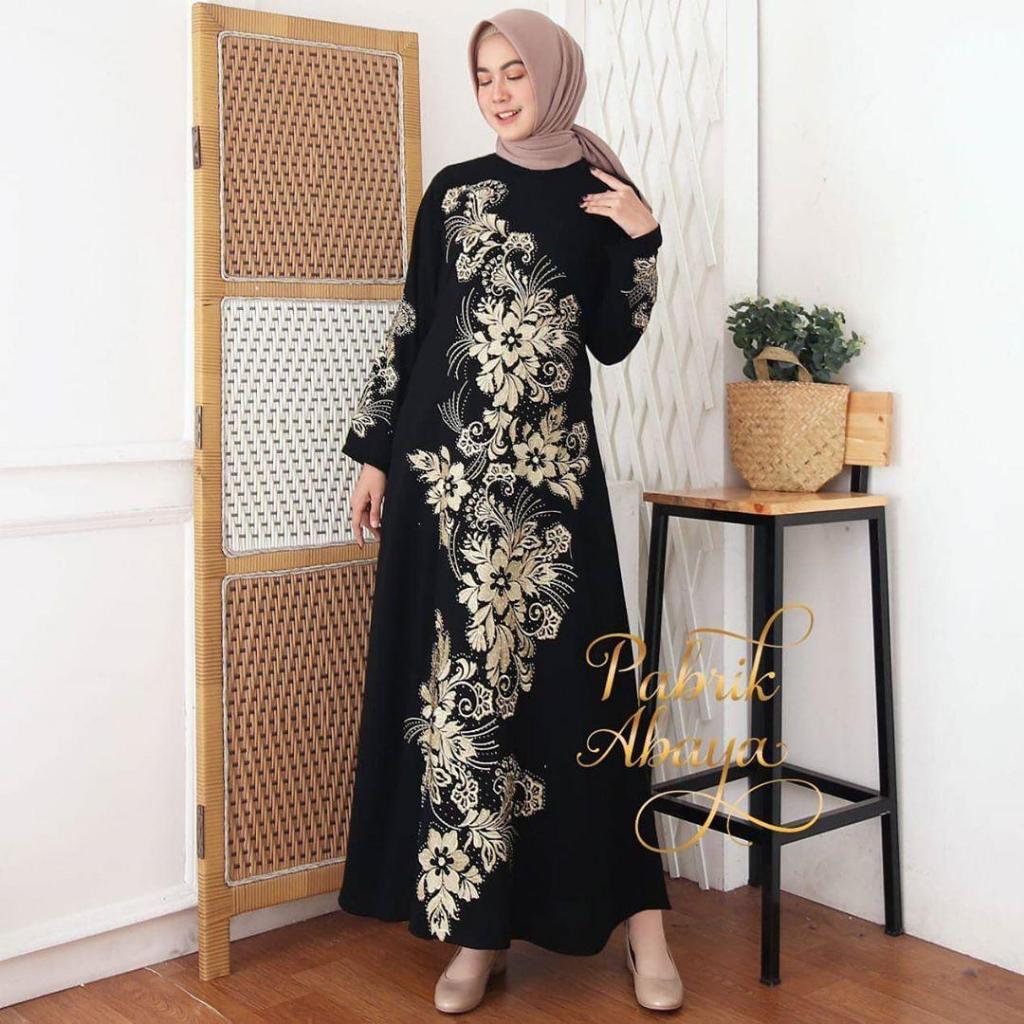 Abaya Hitam Bordir Kekinian Motif bunga - ABAYA Bunga Besar - Gamis Muslimah - Ready siap kirim [BIS